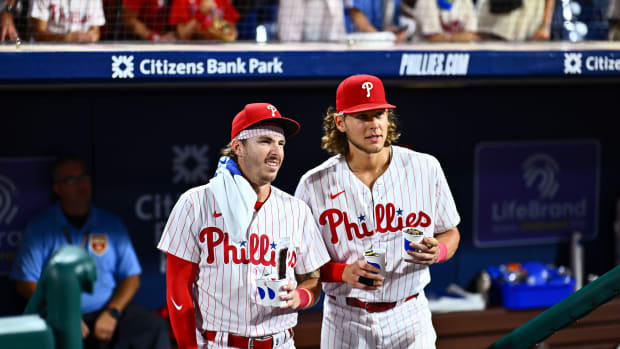 Aug 11, 2023; Philadelphia, Pennsylvania, USA; Philadelphia Phillies second baseman Bryson Stott (5) and Philadelphia Phillies infielder Alec Bohm (28) after the game against the Minnesota Twins at Citizens Bank Park. Mandatory Credit: Kyle Ross-USA TODAY Sports